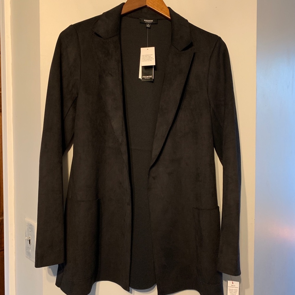 Black faux suede long blazer jacket